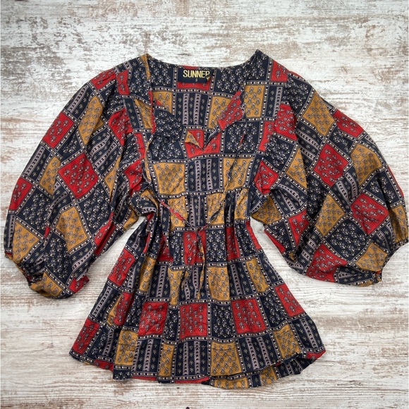 Anthropologie Tops - Anthropologie Sunner Patchwork 70s Boho Peasant Blouse  100% Cotton Small GUC